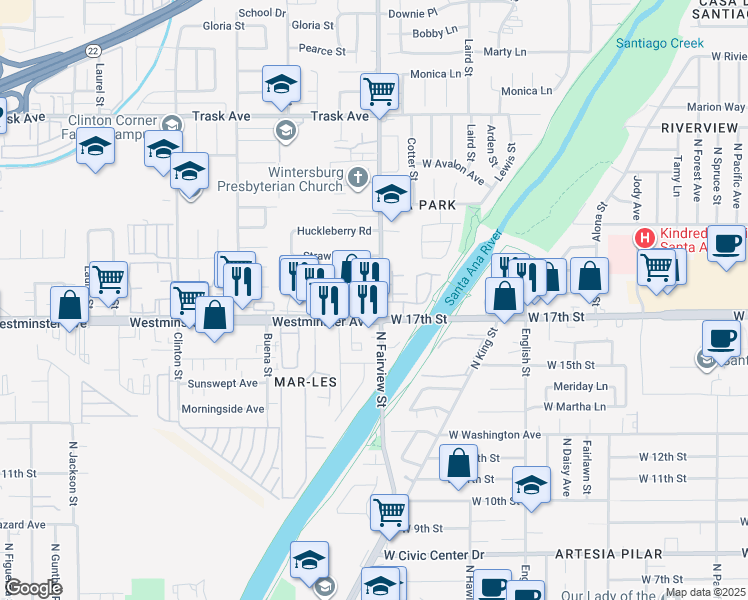 map of restaurants, bars, coffee shops, grocery stores, and more near in Santa Ana