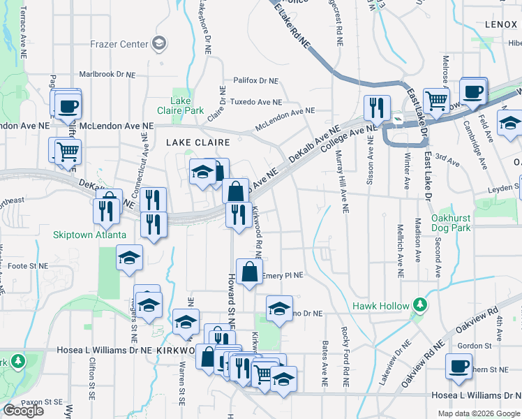 map of restaurants, bars, coffee shops, grocery stores, and more near 2028 Presley Way Northeast in Atlanta