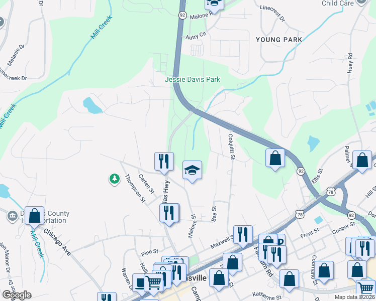 map of restaurants, bars, coffee shops, grocery stores, and more near 8062 Malone Street in Douglasville