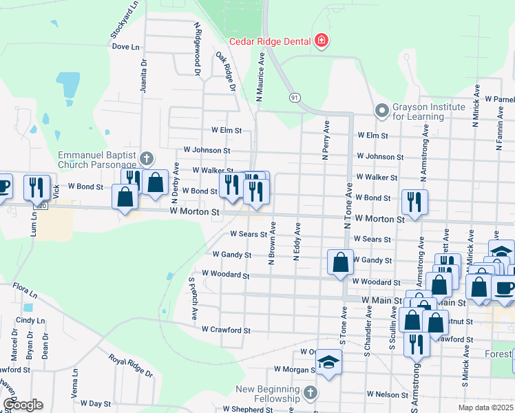 map of restaurants, bars, coffee shops, grocery stores, and more near 1431 West Morton Street in Denison