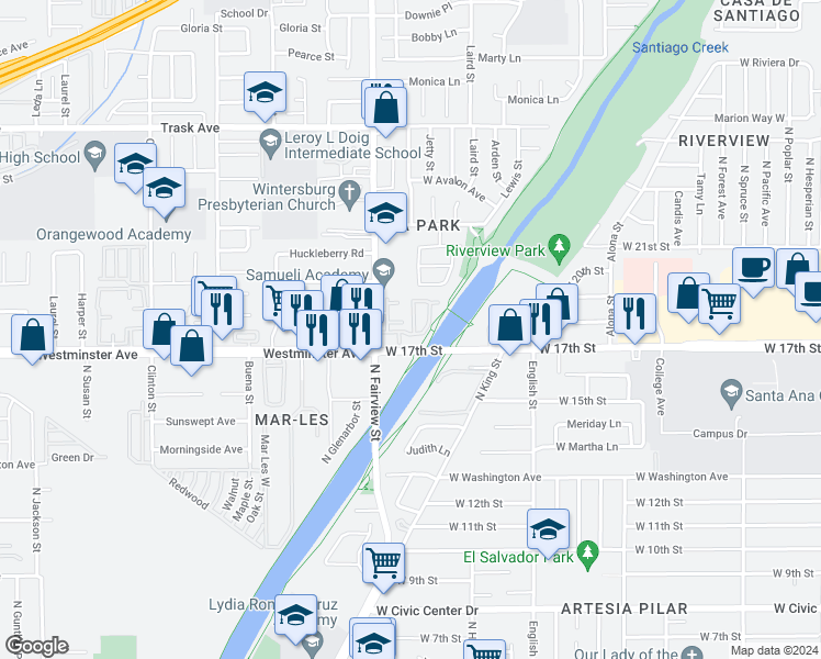 map of restaurants, bars, coffee shops, grocery stores, and more near 1711 Park Glen Circle in Santa Ana