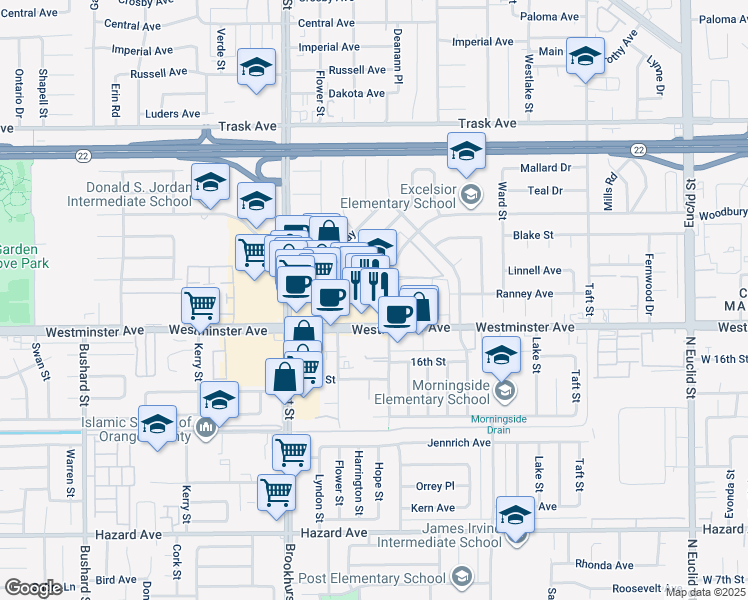 map of restaurants, bars, coffee shops, grocery stores, and more near 13911 Dawson Street in Garden Grove