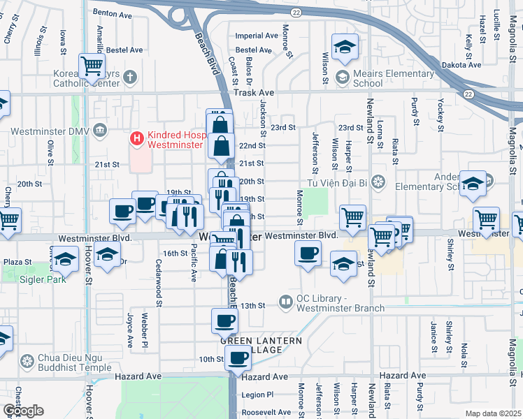map of restaurants, bars, coffee shops, grocery stores, and more near 8091 18th Street in Westminster