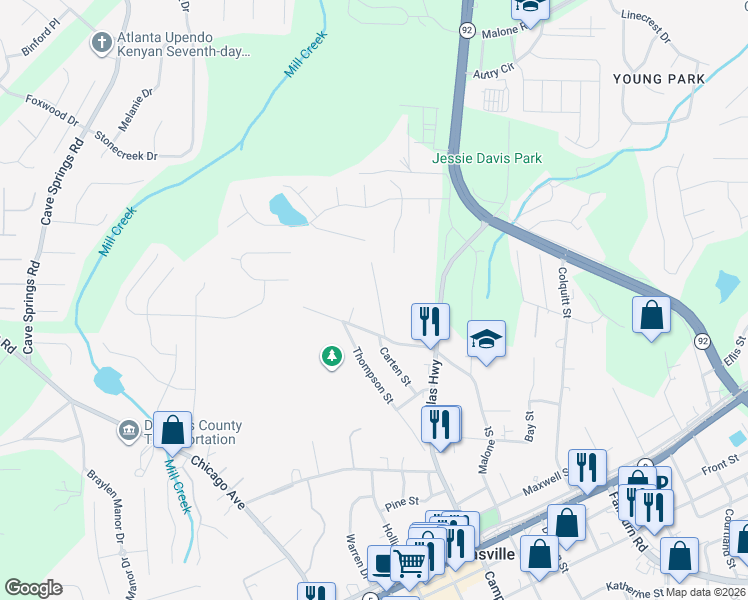 map of restaurants, bars, coffee shops, grocery stores, and more near 8037 Carten Street in Douglasville
