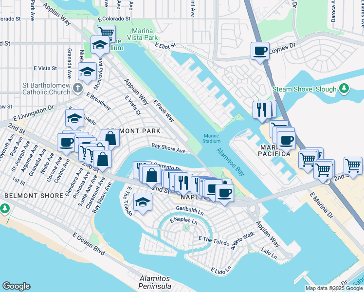map of restaurants, bars, coffee shops, grocery stores, and more near 383 Bay Shore Avenue in Long Beach
