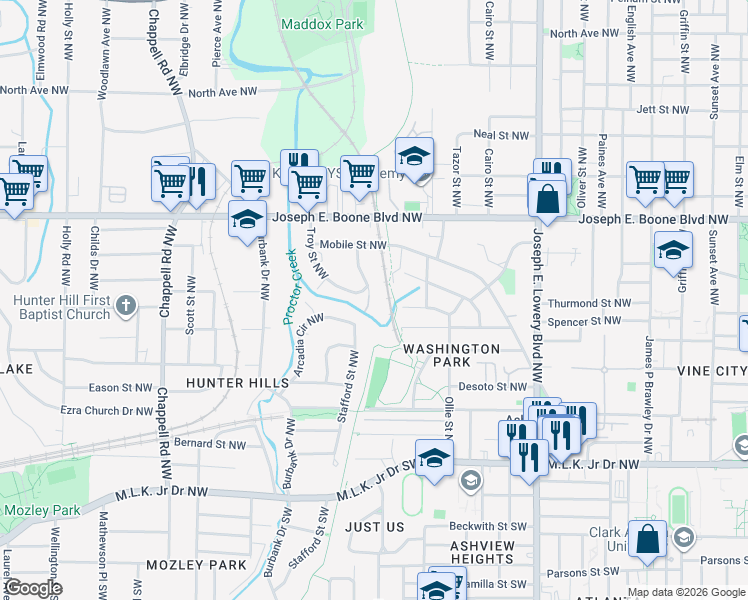 map of restaurants, bars, coffee shops, grocery stores, and more near 215 Stafford Street Northwest in Atlanta