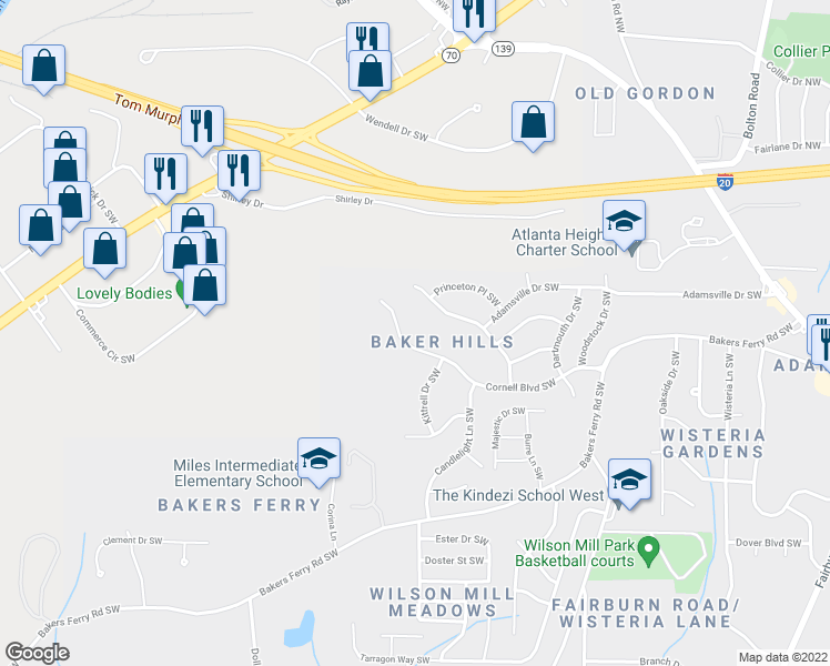 map of restaurants, bars, coffee shops, grocery stores, and more near 4115 Cornell Boulevard Southwest in Atlanta
