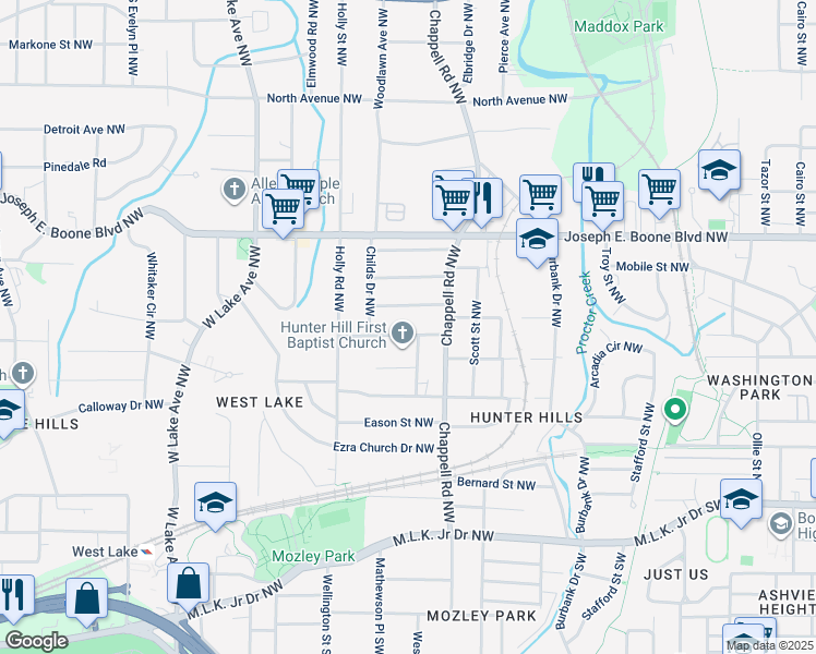map of restaurants, bars, coffee shops, grocery stores, and more near 1437 Andrews Street Northwest in Atlanta