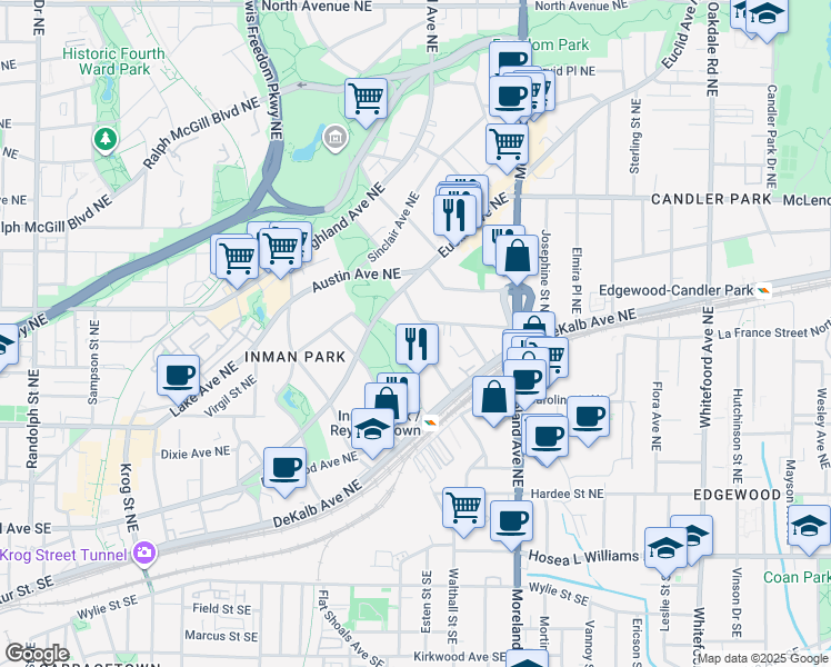 map of restaurants, bars, coffee shops, grocery stores, and more near 231 Degress Avenue Northeast in Atlanta