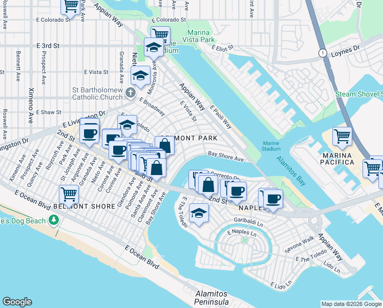 map of restaurants, bars, coffee shops, grocery stores, and more near 271 Bay Shore Avenue in Long Beach