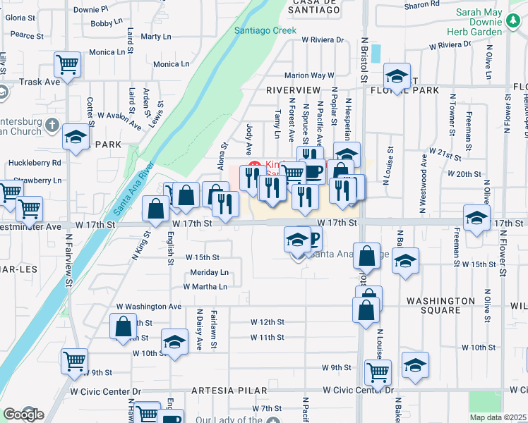 map of restaurants, bars, coffee shops, grocery stores, and more near 1623 West 17th Street in Santa Ana