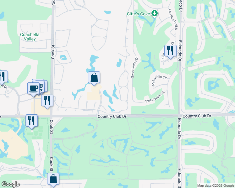 map of restaurants, bars, coffee shops, grocery stores, and more near 153 Desert Falls Circle in Palm Desert