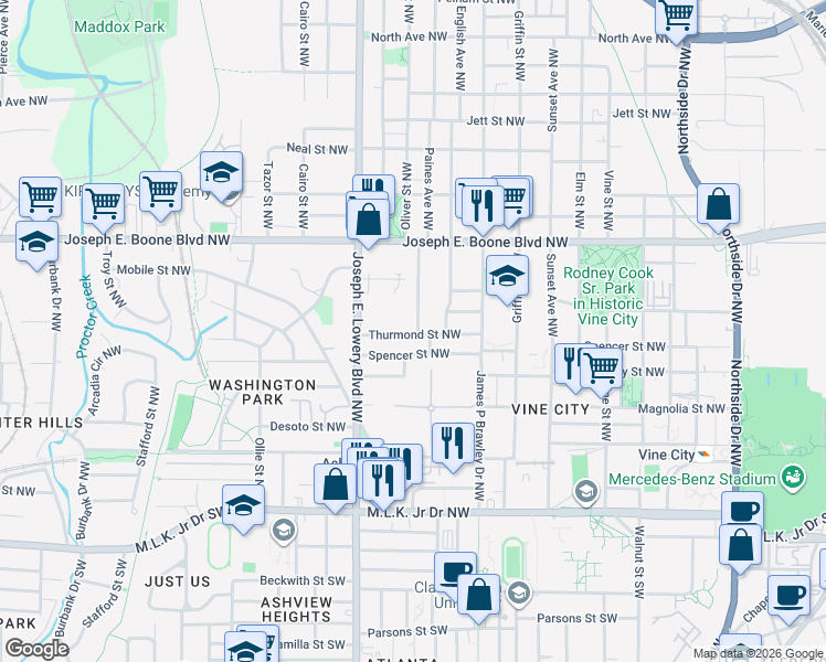 map of restaurants, bars, coffee shops, grocery stores, and more near 214 Sciple Terrace Northwest in Atlanta