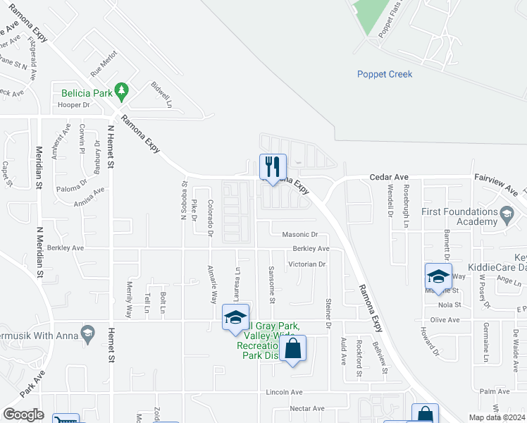 map of restaurants, bars, coffee shops, grocery stores, and more near 880 Lake Street in Hemet