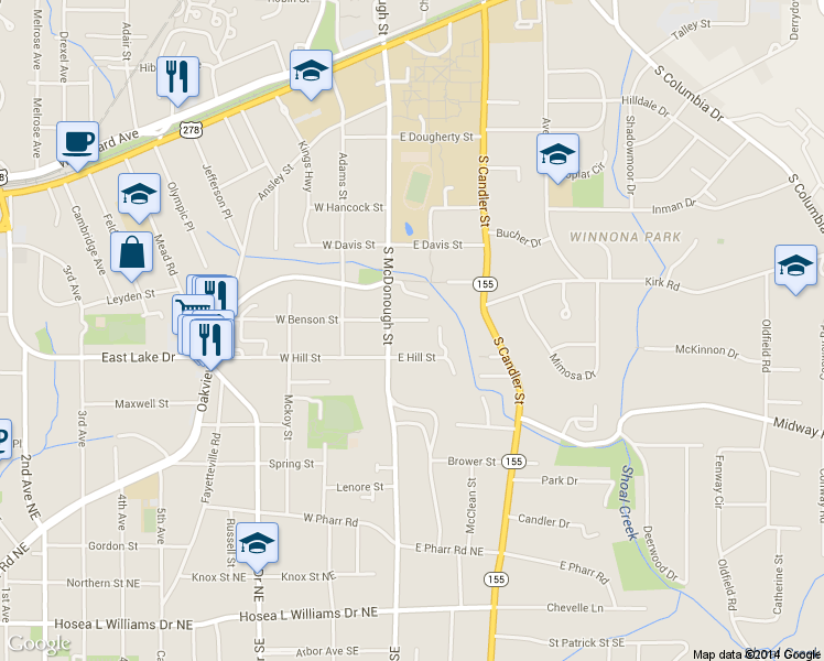 map of restaurants, bars, coffee shops, grocery stores, and more near 117 East Benson Street in Decatur