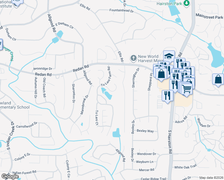 map of restaurants, bars, coffee shops, grocery stores, and more near 4496 Thornwood Crescent in Stone Mountain