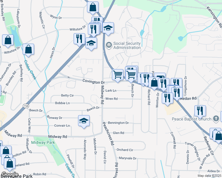 map of restaurants, bars, coffee shops, grocery stores, and more near 3404 Lark Lane in Decatur