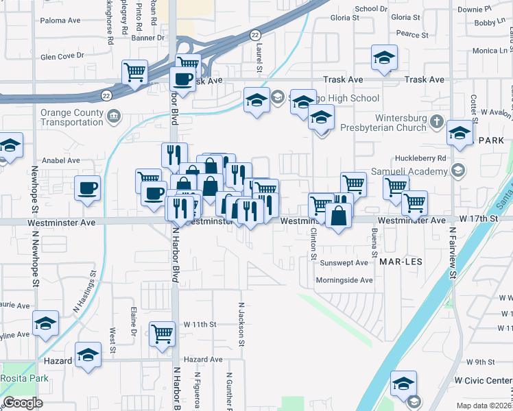 map of restaurants, bars, coffee shops, grocery stores, and more near 13942 Laurel Street in Santa Ana