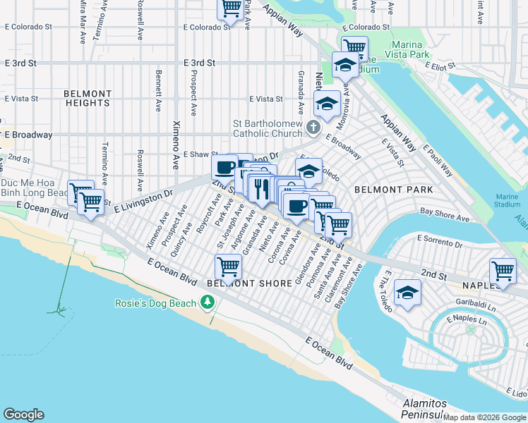 map of restaurants, bars, coffee shops, grocery stores, and more near 5116 2nd Street in Long Beach