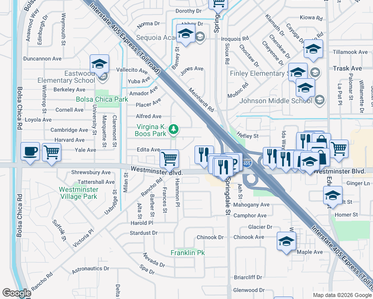 map of restaurants, bars, coffee shops, grocery stores, and more near 13892 Pegg Street in Westminster