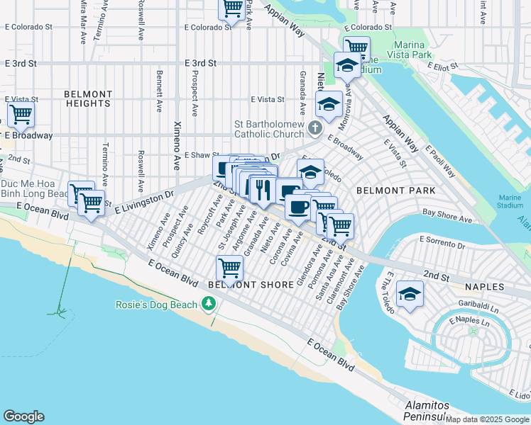 map of restaurants, bars, coffee shops, grocery stores, and more near 5016 2nd Street in Long Beach
