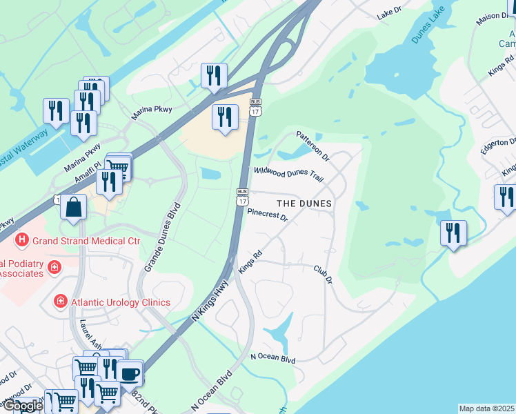 map of restaurants, bars, coffee shops, grocery stores, and more near 410 Pinecrest Drive in Myrtle Beach