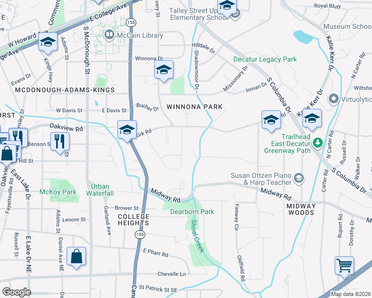 map of restaurants, bars, coffee shops, grocery stores, and more near 409 Mimosa Drive in Decatur