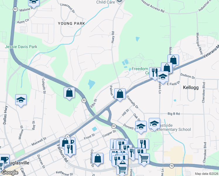 map of restaurants, bars, coffee shops, grocery stores, and more near 6168 Ellis Street in Douglasville