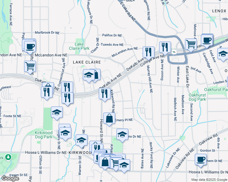 map of restaurants, bars, coffee shops, grocery stores, and more near 2018 Presley Way Northeast in Atlanta