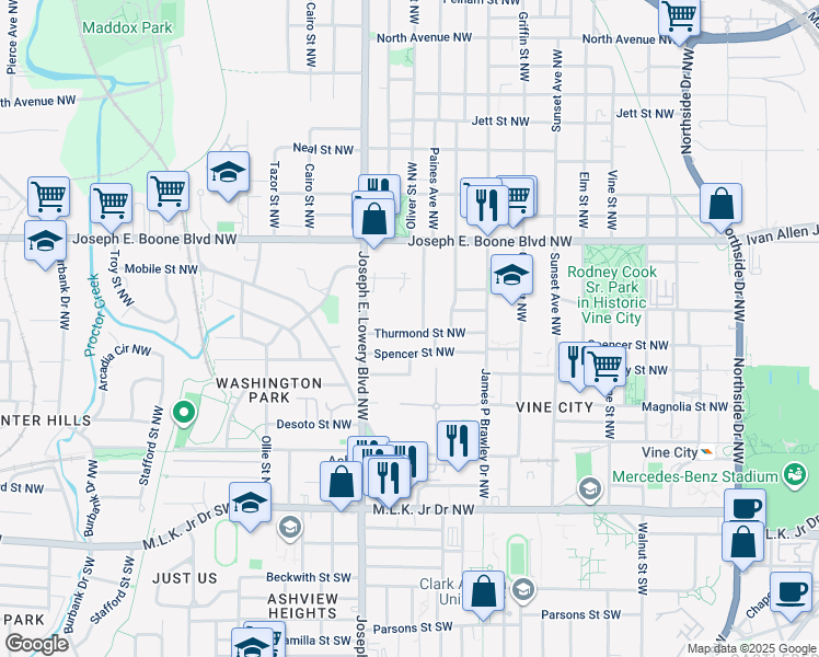 map of restaurants, bars, coffee shops, grocery stores, and more near 861 Thurmond Street Northwest in Atlanta