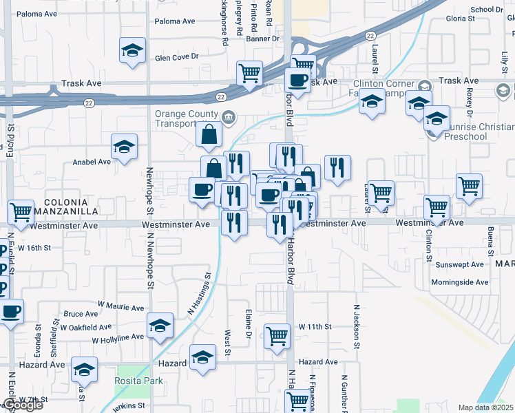 map of restaurants, bars, coffee shops, grocery stores, and more near 13932 Seaboard Circle in Garden Grove
