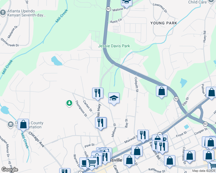 map of restaurants, bars, coffee shops, grocery stores, and more near 8031 Malone Street in Douglasville