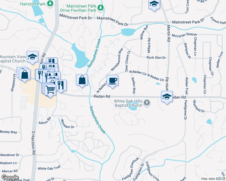 map of restaurants, bars, coffee shops, grocery stores, and more near 5052 Redan Road in Stone Mountain