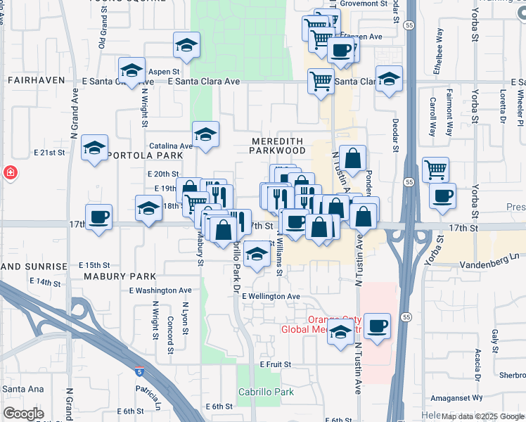 map of restaurants, bars, coffee shops, grocery stores, and more near 1913 17th Street in Santa Ana