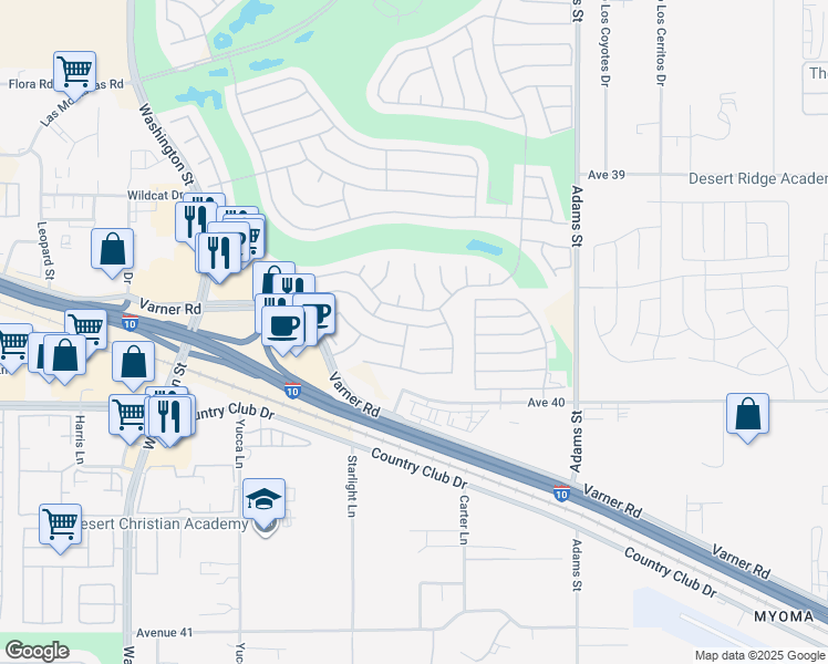 map of restaurants, bars, coffee shops, grocery stores, and more near 78649 Hampshire Avenue in Palm Desert