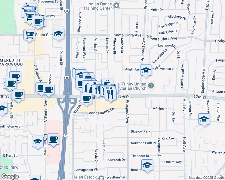 map of restaurants, bars, coffee shops, grocery stores, and more near 254 Treehaven Lane in Tustin