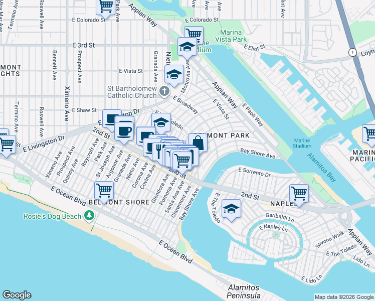 map of restaurants, bars, coffee shops, grocery stores, and more near 231 Pomona Avenue in Long Beach