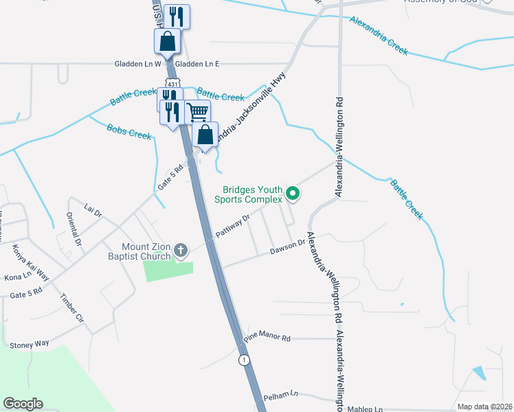map of restaurants, bars, coffee shops, grocery stores, and more near 195 Pattiway Drive in Alexandria