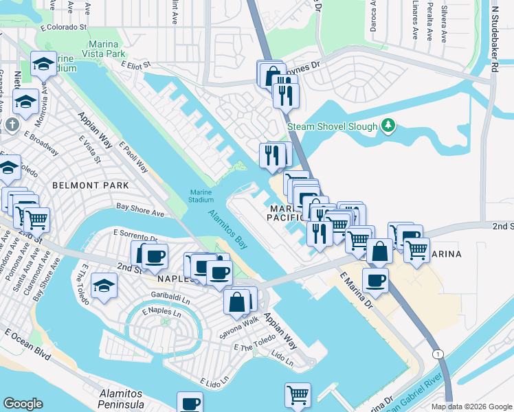 map of restaurants, bars, coffee shops, grocery stores, and more near 6112 Marina Pacifica Drive in Long Beach