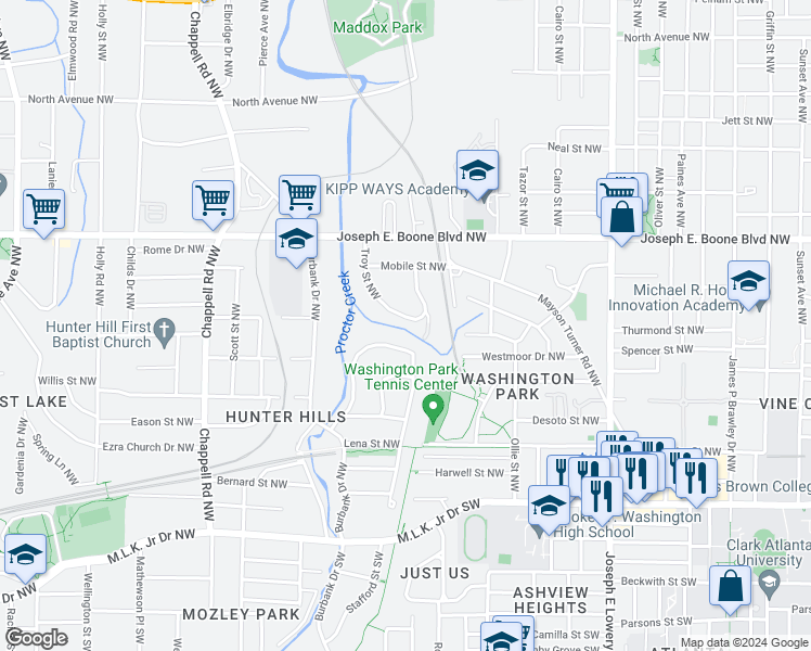map of restaurants, bars, coffee shops, grocery stores, and more near 192 Troy Street Northwest in Atlanta