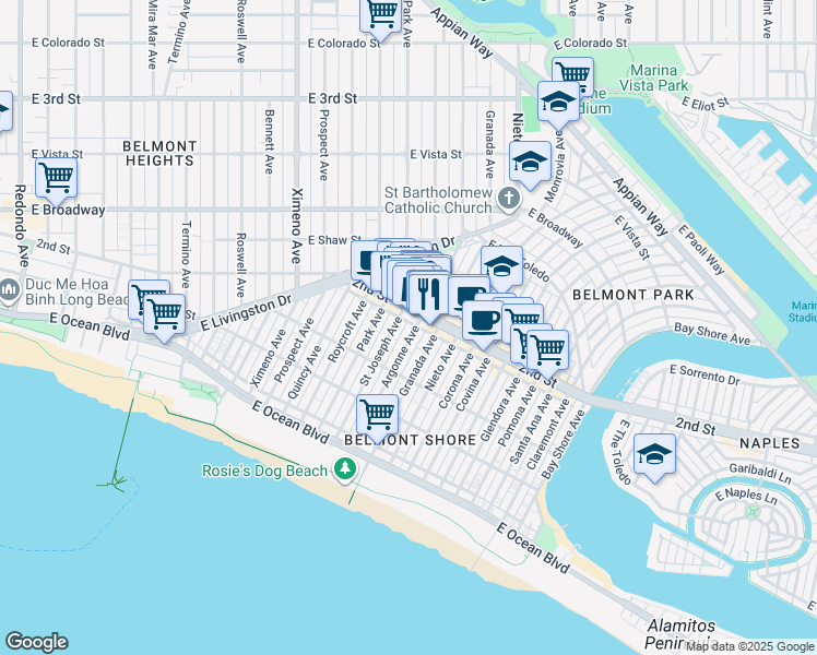 map of restaurants, bars, coffee shops, grocery stores, and more near 181 Argonne Avenue in Long Beach