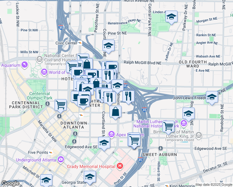 map of restaurants, bars, coffee shops, grocery stores, and more near 222 Piedmont Avenue Northeast in Atlanta