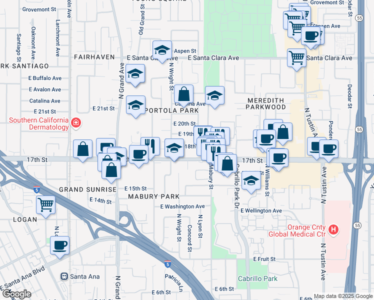 map of restaurants, bars, coffee shops, grocery stores, and more near 1585 17th Street in Santa Ana