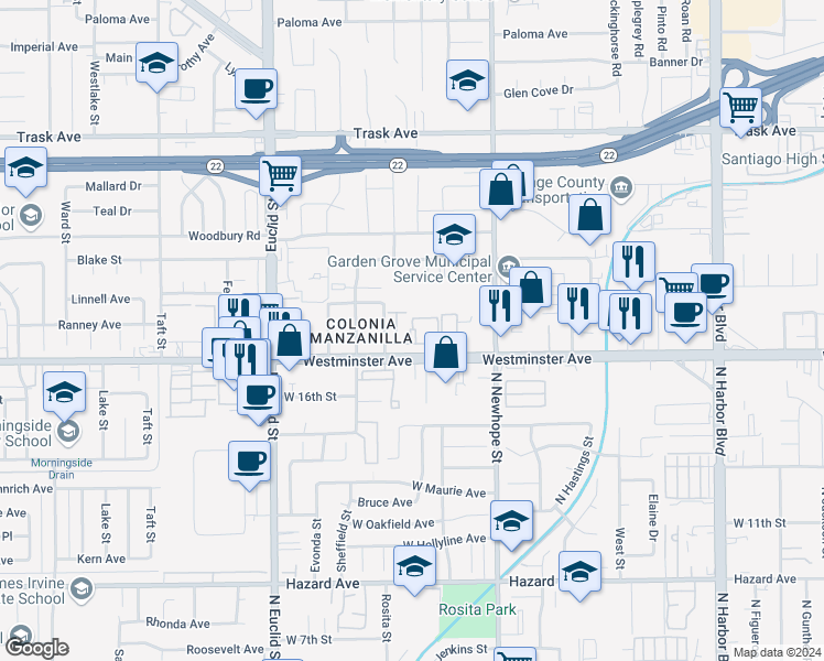 map of restaurants, bars, coffee shops, grocery stores, and more near 11272 Parkside Ln in Garden Grove