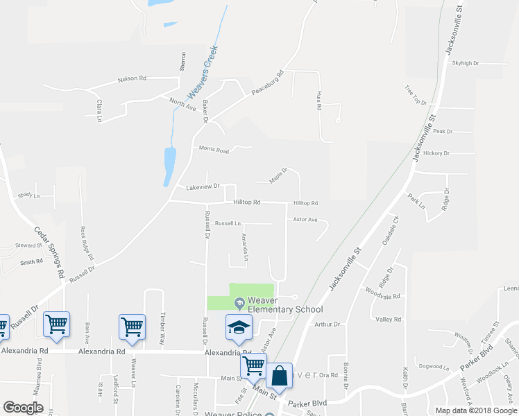 map of restaurants, bars, coffee shops, grocery stores, and more near 410 Hilltop Road in Weaver