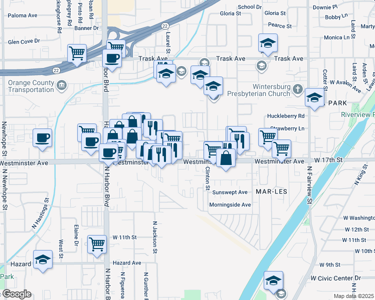 map of restaurants, bars, coffee shops, grocery stores, and more near 13931 Spring Water Court in Garden Grove
