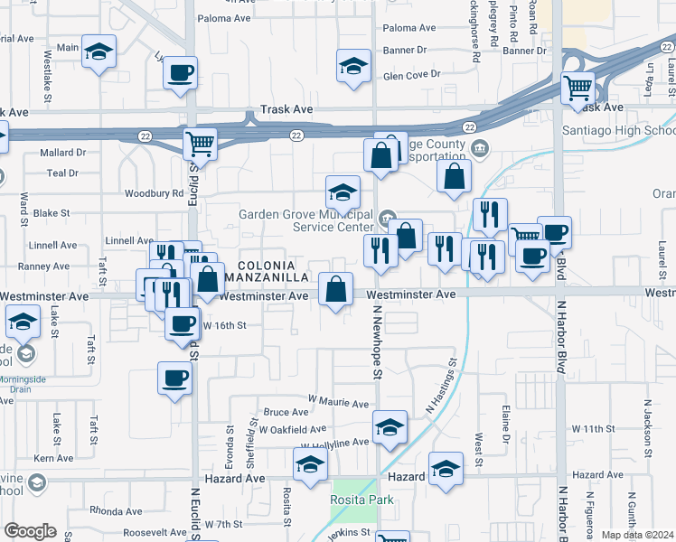 map of restaurants, bars, coffee shops, grocery stores, and more near 13924 Parkway Drive in Garden Grove