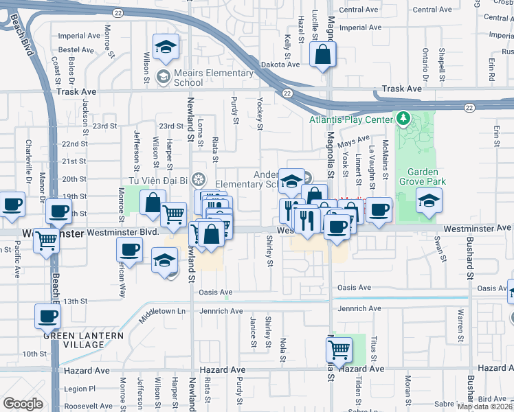 map of restaurants, bars, coffee shops, grocery stores, and more near 13912 Yockey Street in Garden Grove