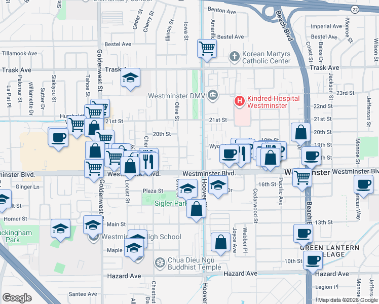 map of restaurants, bars, coffee shops, grocery stores, and more near 13872 Iowa Street in Westminster