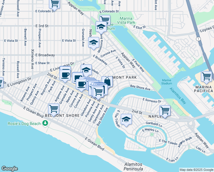 map of restaurants, bars, coffee shops, grocery stores, and more near 234 Pomona Avenue in Long Beach